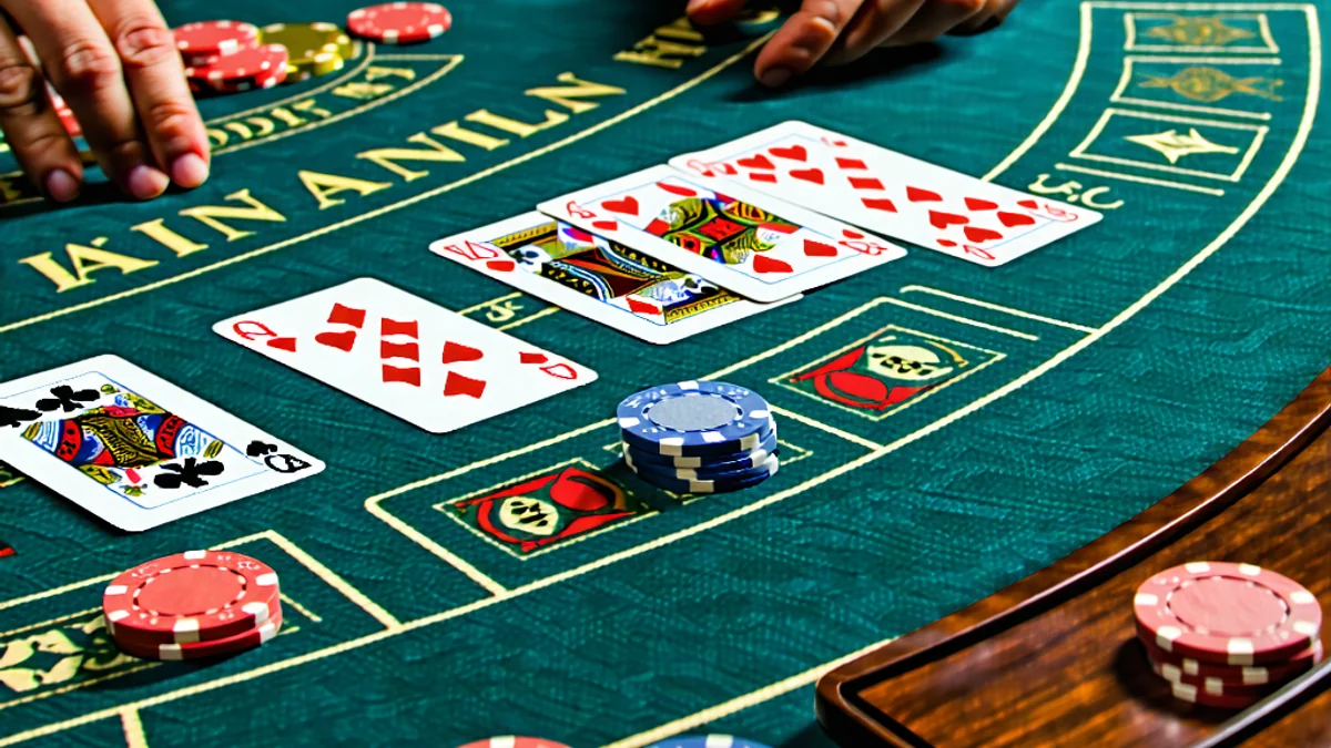 Bàn Blackjack trực tuyến với các lá bài, chip và giao diện người dùng hiển thị biểu đồ chiến lược cơ bản, nhấn mạnh quyết định tối ưu tại caxeng.com