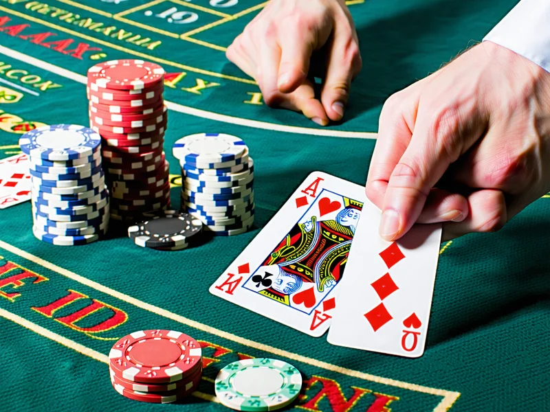 Bàn chơi Blackjack với các lá bài và chip, tập trung vào chiến lược tại caxeng.com