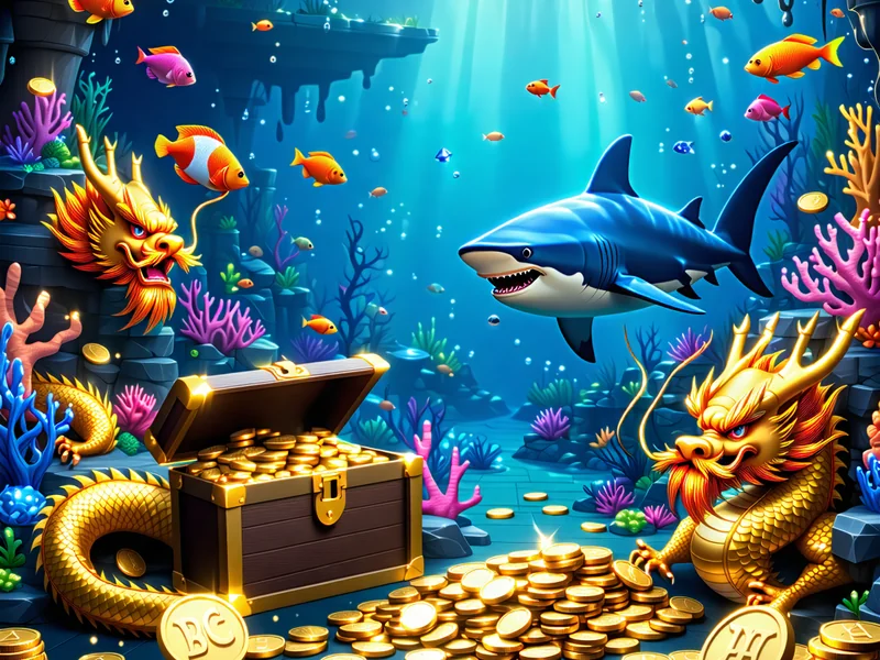 Hình ảnh game bắn cá đại dương với cá mập, nàng tiên cá, rùa vàng, đồ họa 3D sống động dưới biển sâu, tại caxeng.com