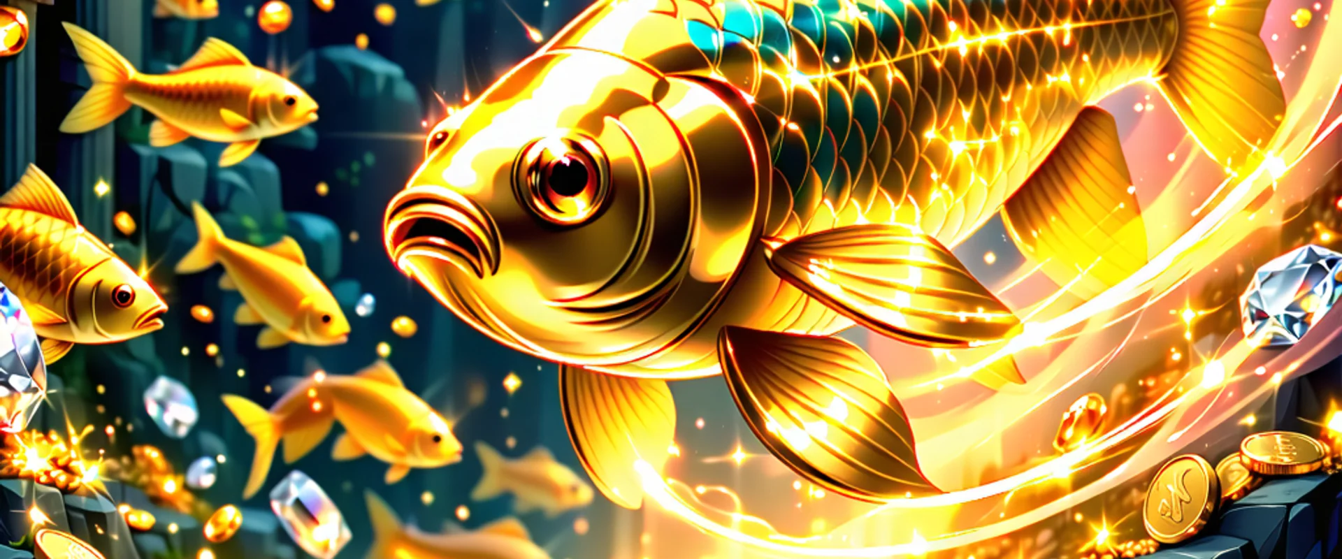 Hình ảnh banner ưu đãi độc quyền game bắn cá tại caxeng.com với cá vàng, tiền xu và súng bắn cá