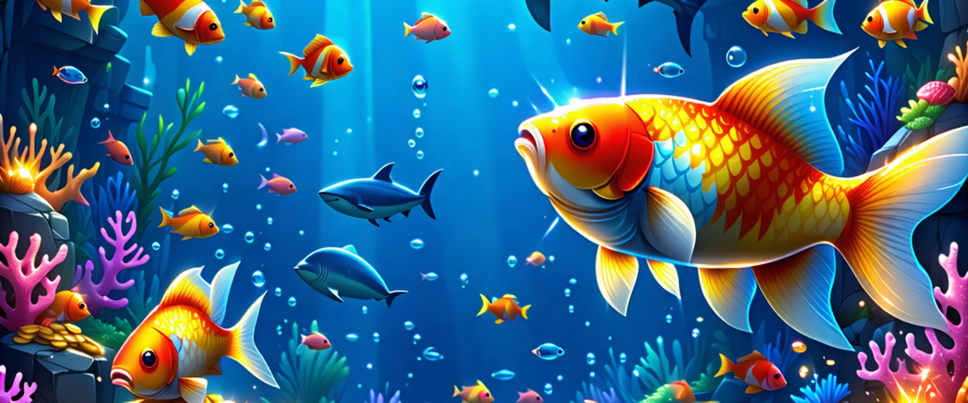 Game bắn cá đổi thưởng caxeng.com với đồ họa sống động, người chơi đang ngắm bắn đàn cá dưới đại dương sâu thẳm, ánh sáng vàng kim và xanh biển rực rỡ, tượng trưng cho game bắn cá thắng tiền thật và cá cược trực tuyến.