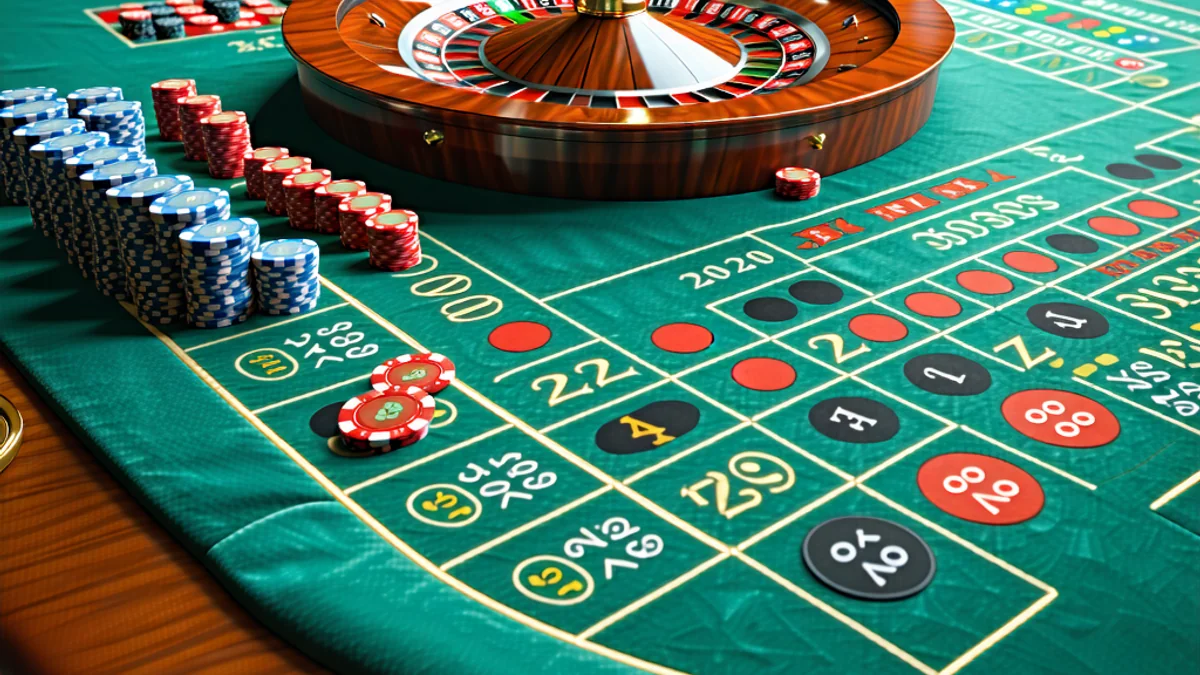 Bàn Roulette trực tuyến tại caxeng.com với bánh xe quay, chip cược và giao diện người dùng hiển thị các lựa chọn cược, tập trung vào tính toán và xác suất